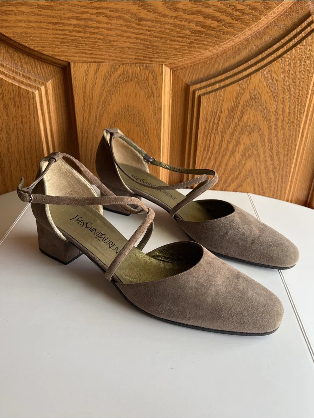 Vintage Yves Saint Laurent Taupe Suede D'Orsay Cross Strap Pumps Size 10M